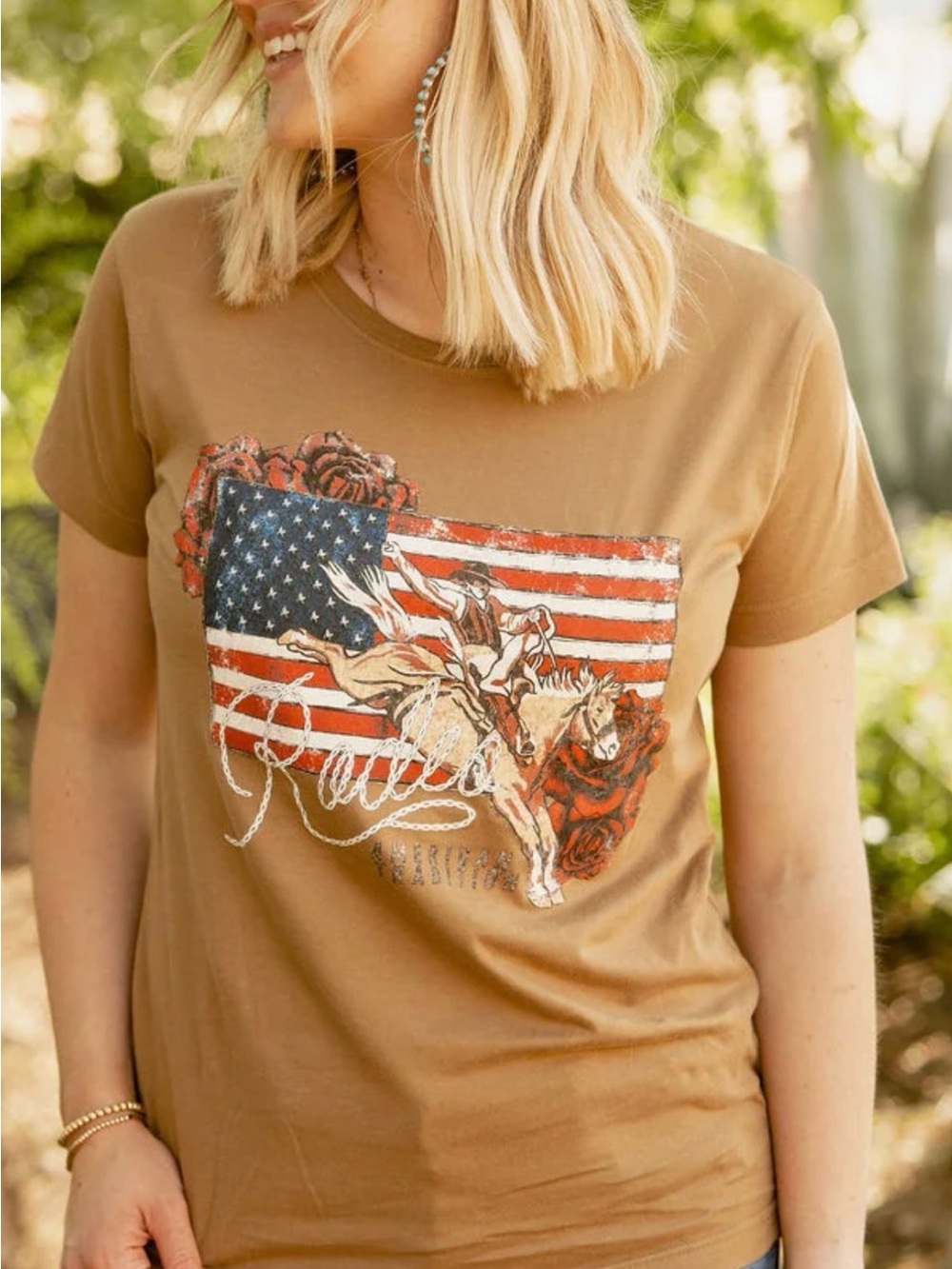 NWT Women’s Camel Short Sleeve Graphic Tee with American Flag & Rodeo Print